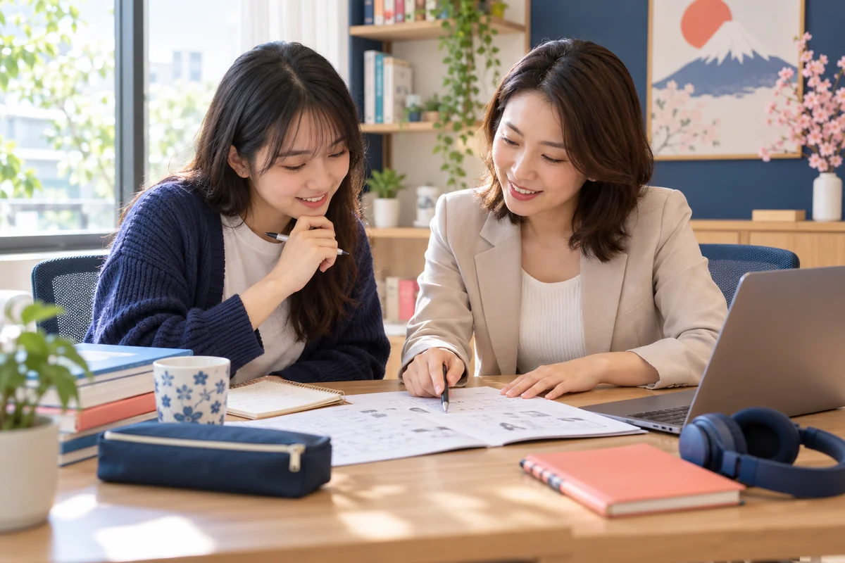Minh họa giáo viên cùng học viên xem bài kiểm tra đầu vào để chọn lộ trình học tiếng Nhật